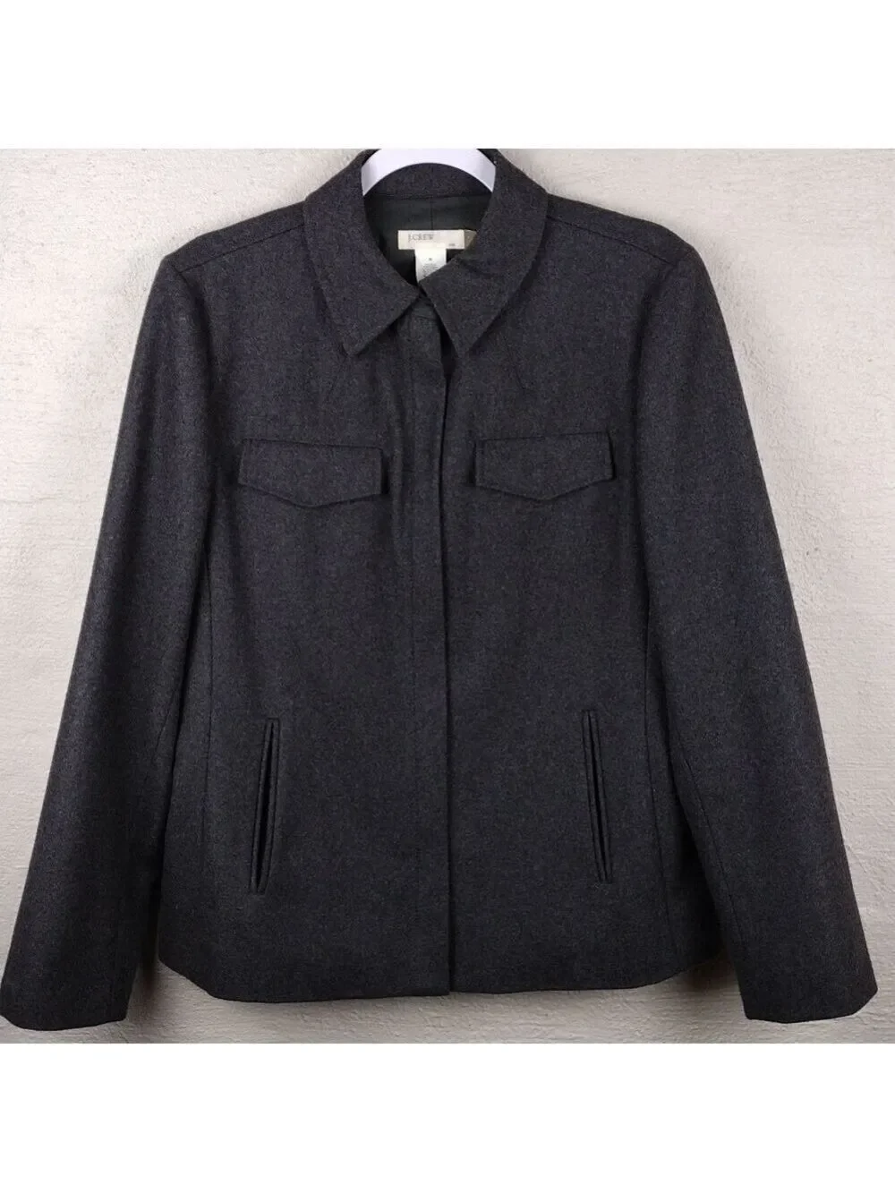 J. Crew Dark Gray Wool Blend Snap Collar Funnel Neck Long Sleeve Zip Up Coat